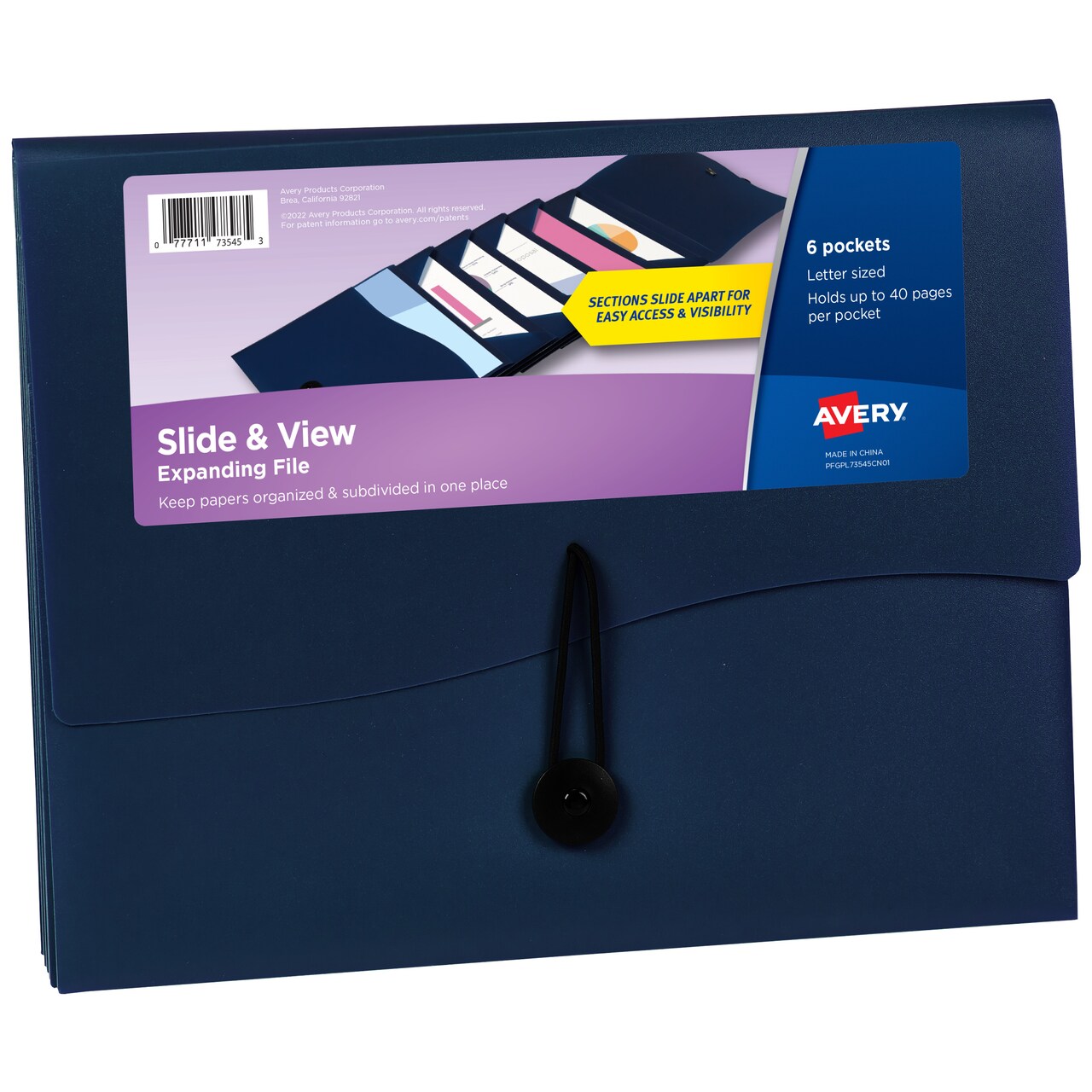 Avery Slide & View Expanding File Folder, 6 Pockets, Letter Size, 1 Navy Folder (73545)
